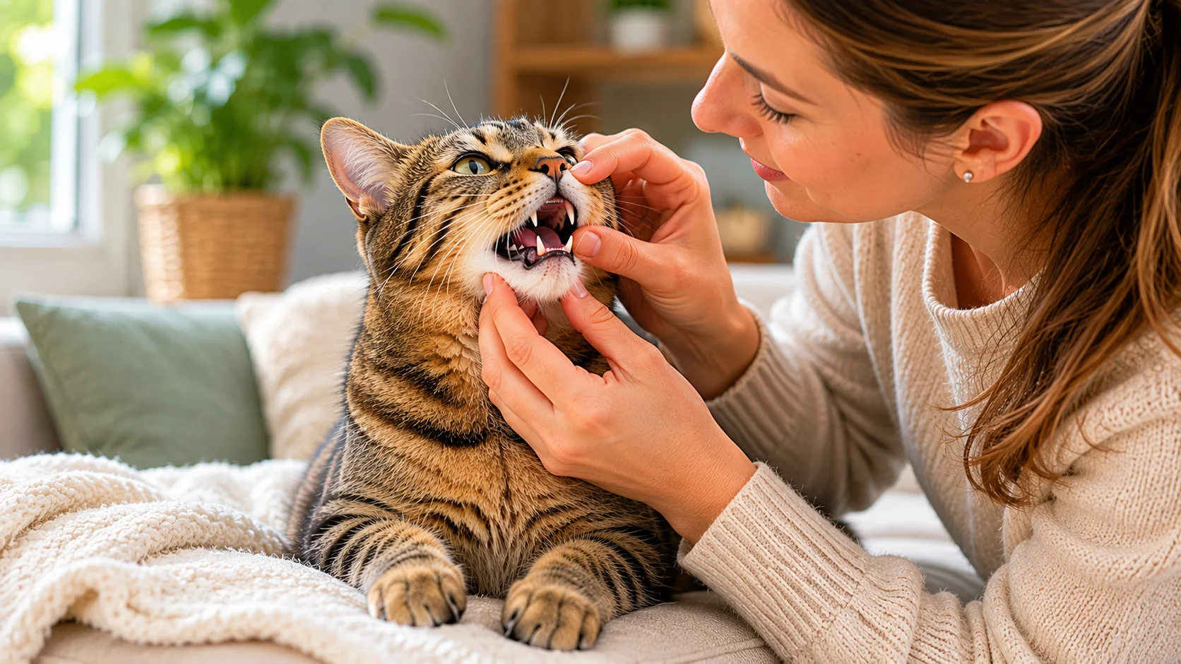 Katze wird ruhig im Maulbereich untersucht, Thema Zahngesundheit und Vorsorge.