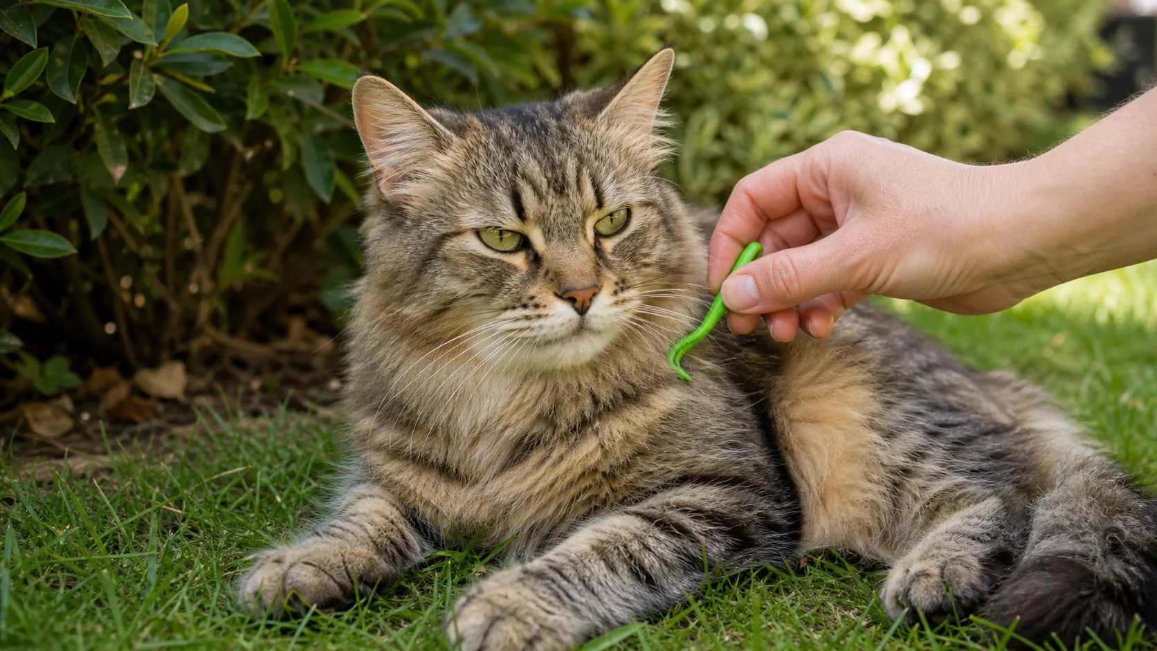 Katze im Freien mit Zeckenkontrolle am Hals