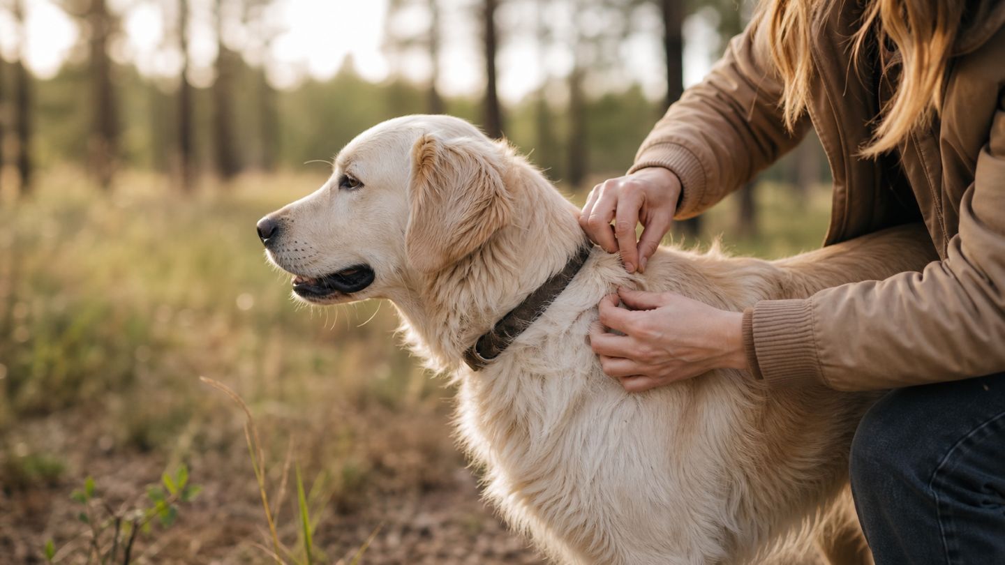 Hund wird nach dem Spaziergang sorgfältig auf Zecken kontrolliert