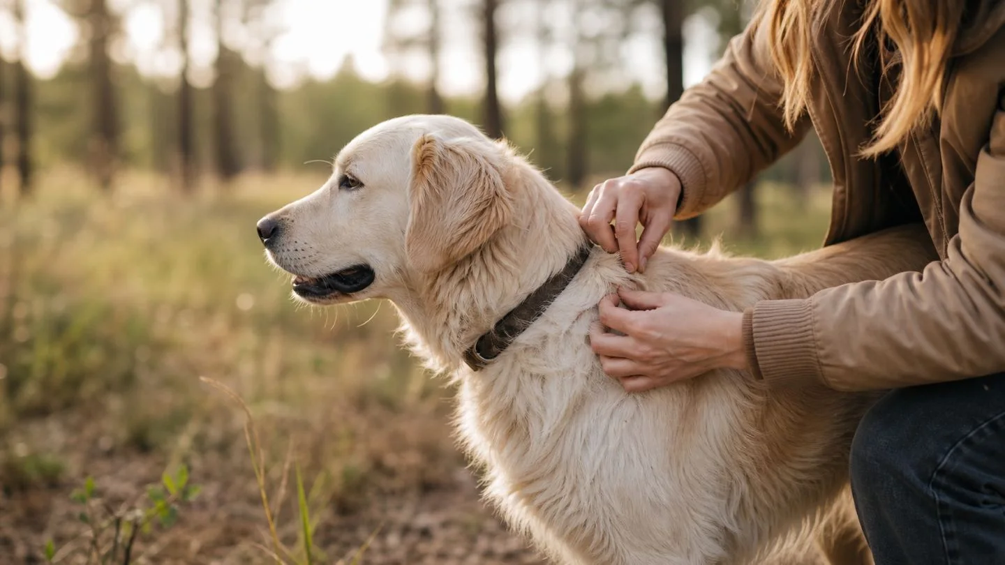 Hund wird nach dem Spaziergang sorgfältig auf Zecken kontrolliert