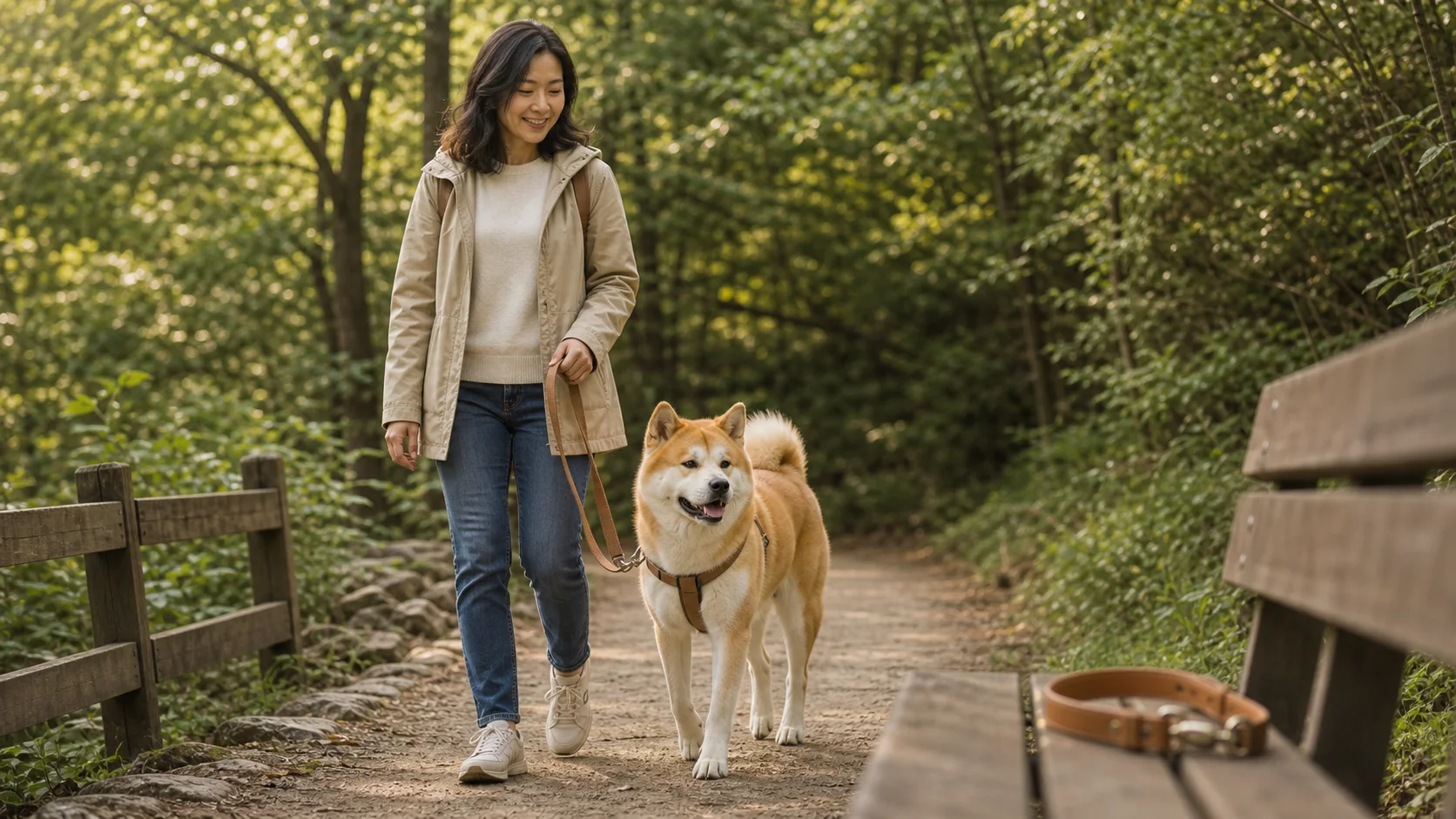 Hund mit Geschirr beim Spaziergang, daneben ein Zugstopphalsband als Zubehör.