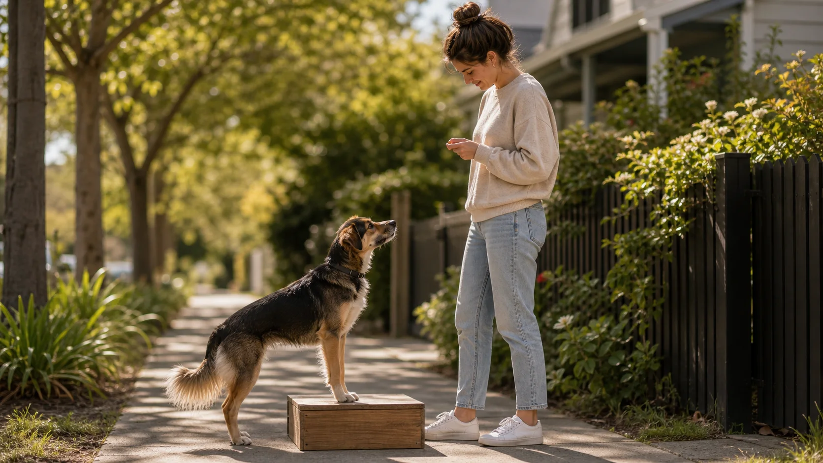 Hund trainiert ruhig mit einer niedrigen Plattform als Agility-Vorübung im Alltag.