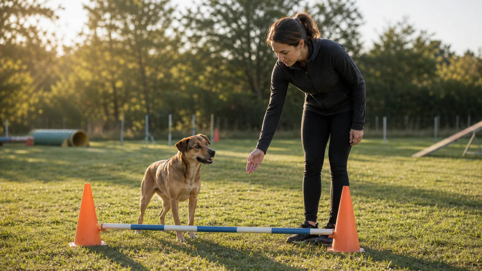 Hund und Halterin beim ruhigen Aufwärmen auf einem Hundeplatz vor dem Agility-Training.