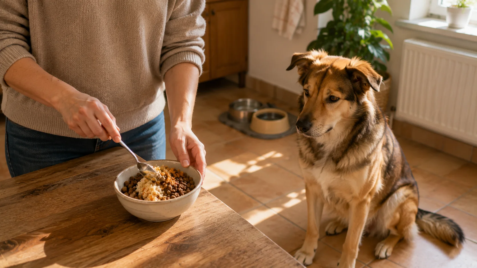 Hund in der Küche neben einer Person, die Futter für eine ballaststoffreiche Mahlzeit vorbereitet.
