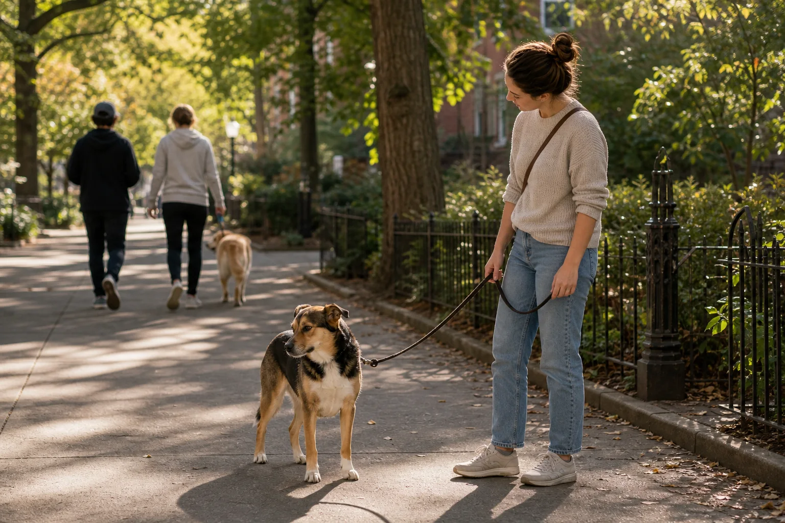 Hund zeigt Beschwichtigungssignale im Alltag, während die Halterin Abstand vergrößert.