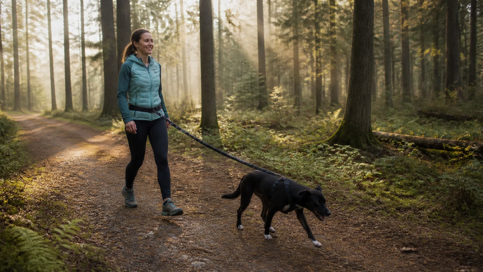 Frau läuft mit Hund im Zuggeschirr auf einem Waldweg beim Canicross-Training.