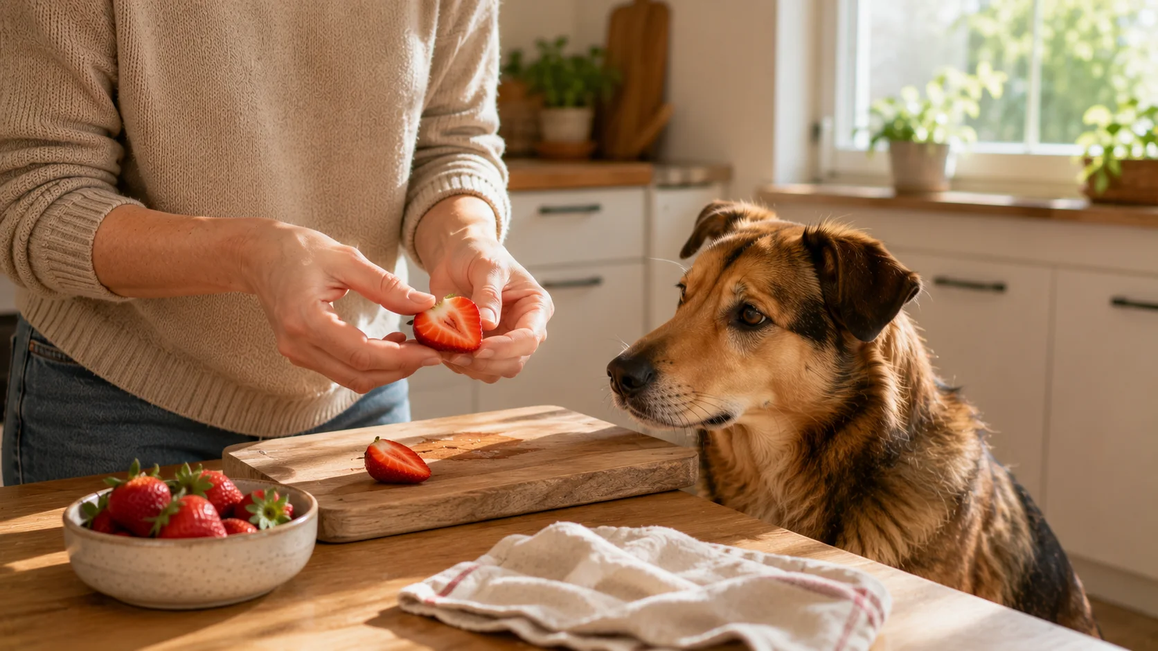Hund schaut in der Küche aufmerksam auf eine halbierte Erdbeere in einer Hand.