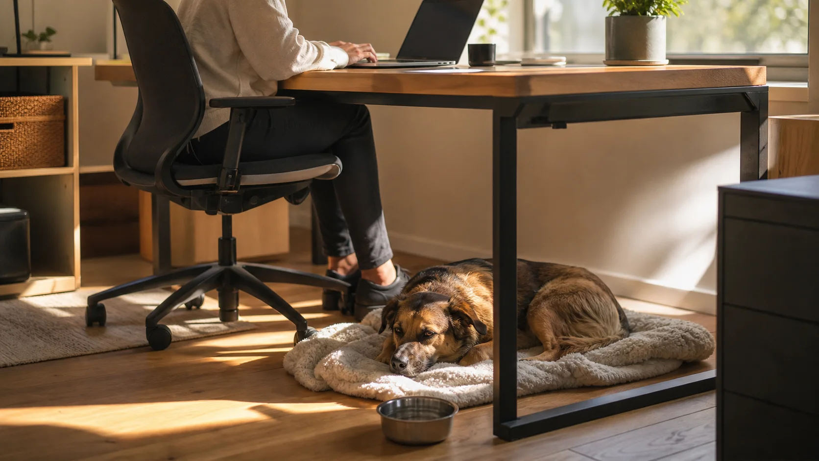Hund liegt ruhig unter einem Schreibtisch im Büro neben einer Wasserschale.