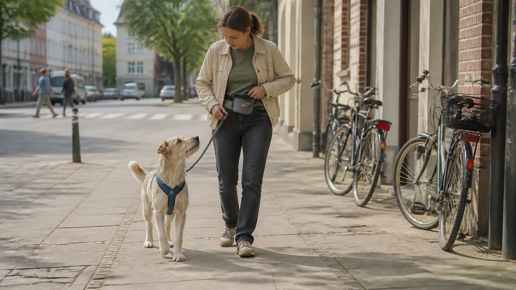 Hund an kurzer Leine im Stadtalltag, ruhig und aufmerksam neben seiner Halterin auf dem Gehweg.