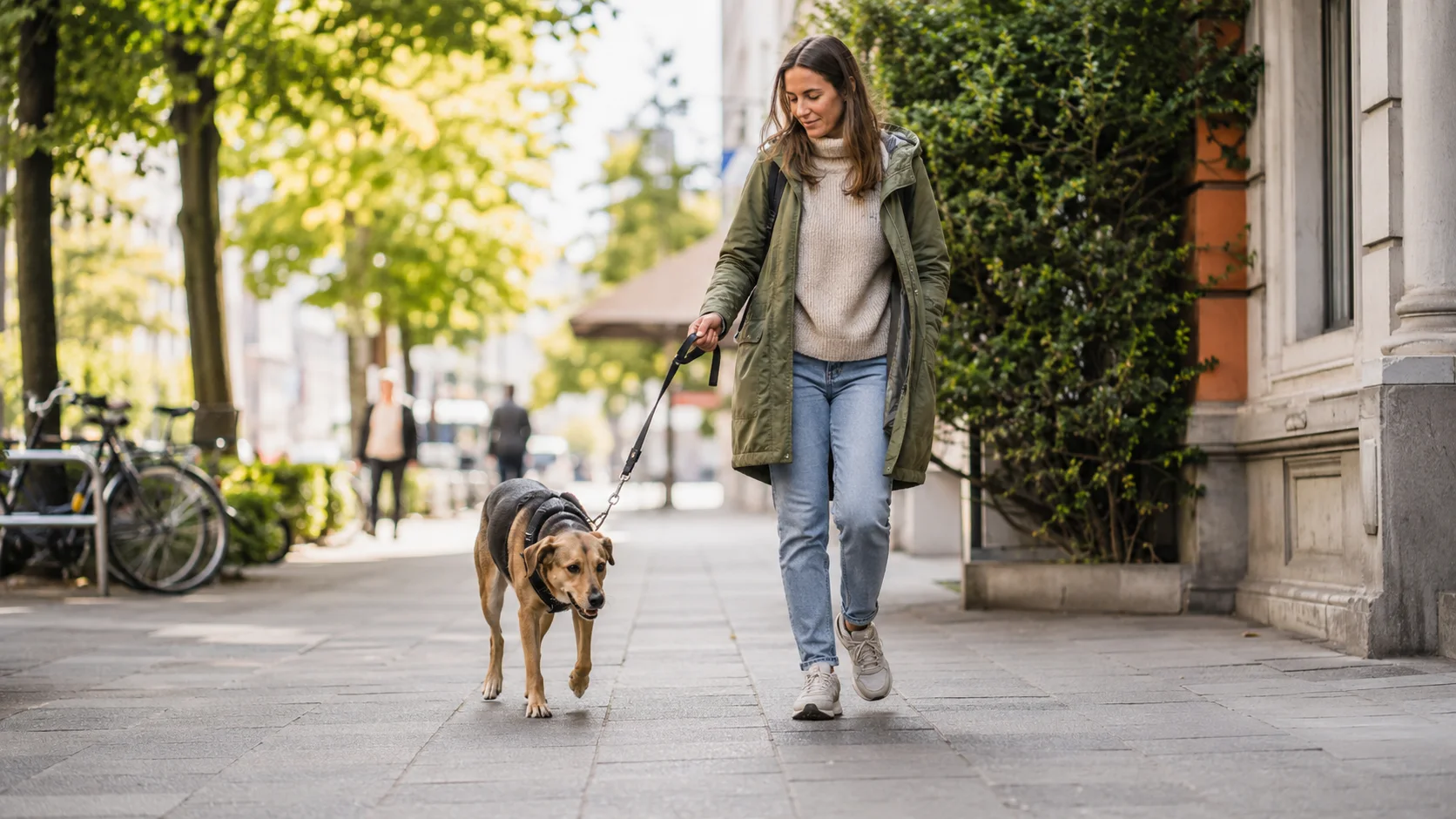Hund geht entspannt an kurzer Leine mit Halterin auf einem ruhigen Gehweg in der Stadt.