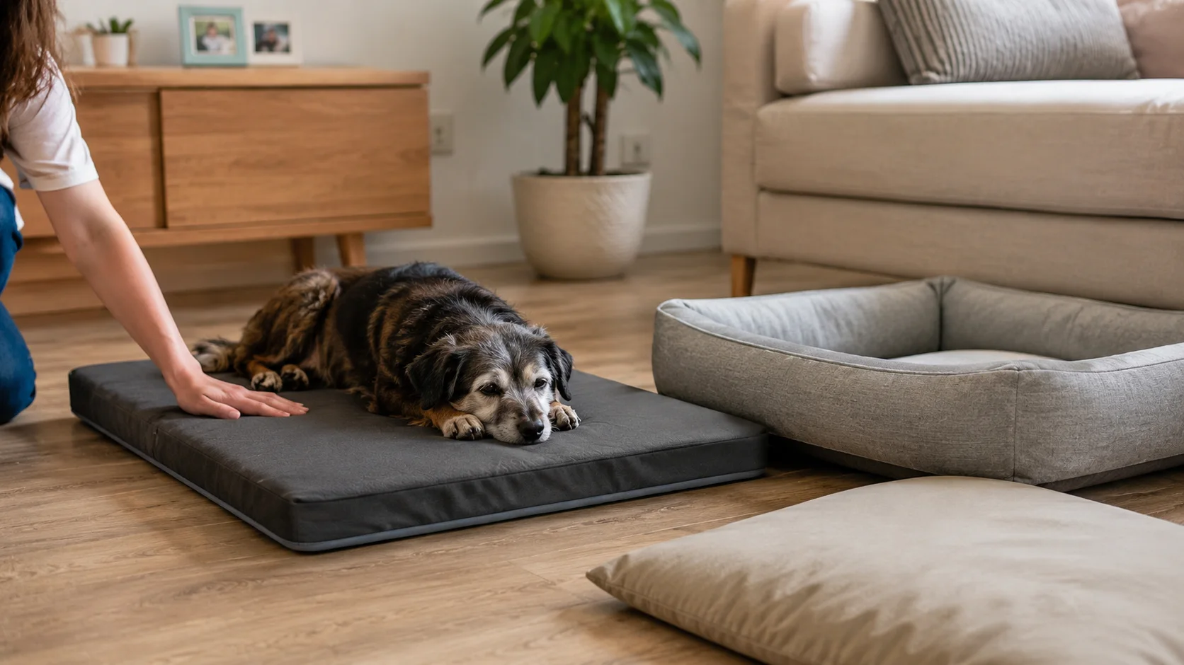 Hund liegt entspannt auf einer orthopädischen Matratze im Wohnzimmer, daneben Körbchen und Kissen.
