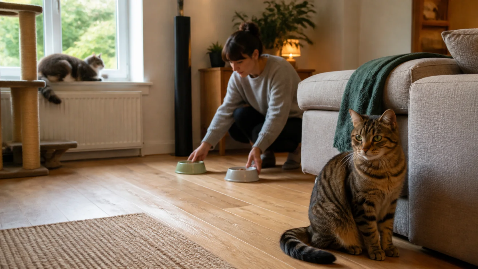 Zwei Katzen im Wohnzimmer mit getrennten Futterplätzen im Mehrkatzenhaushalt