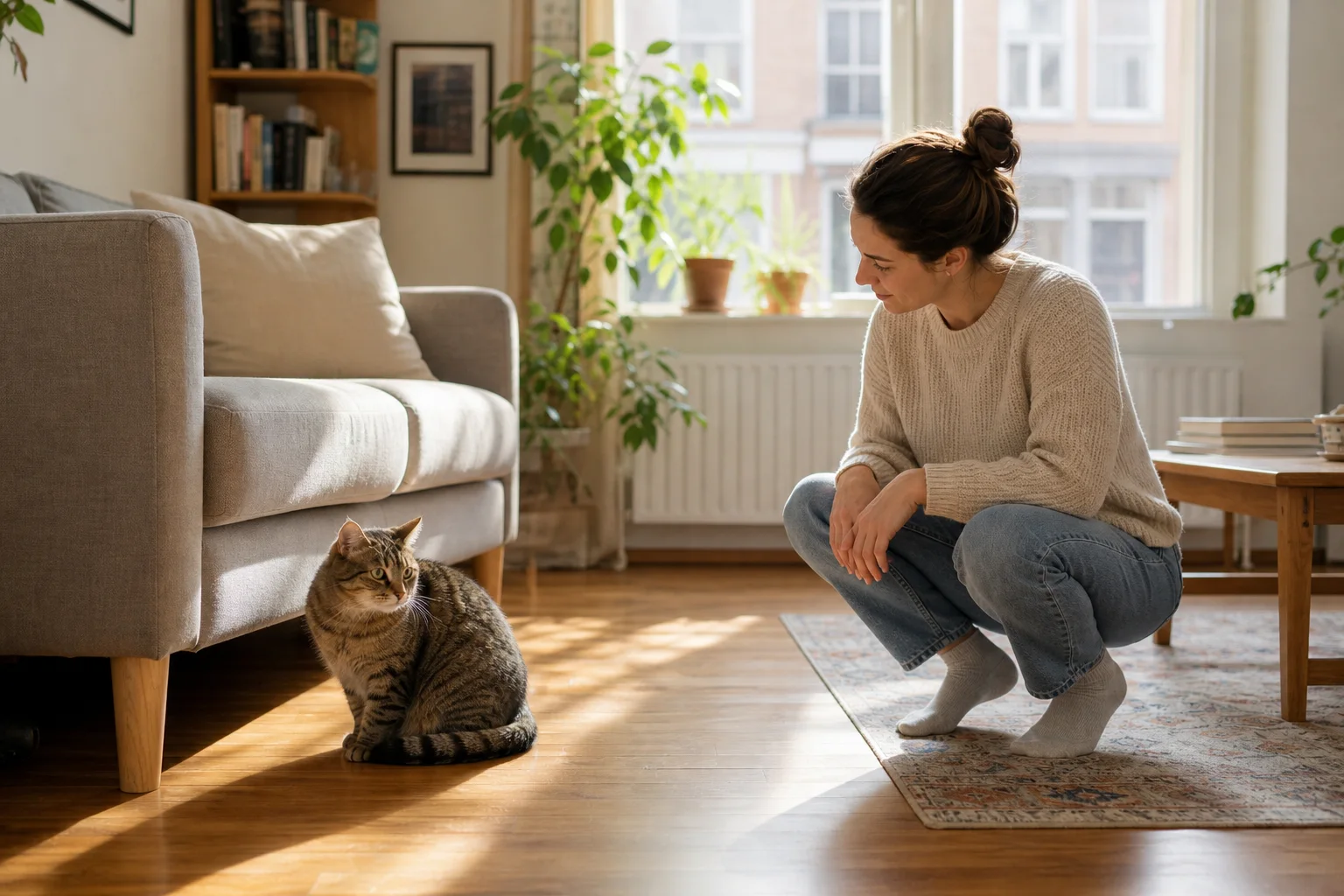 Katzensprache verstehen: Eine geduckte Katze im Wohnzimmer, während eine Person ihre Körpersprache aufmerksam beobachtet.