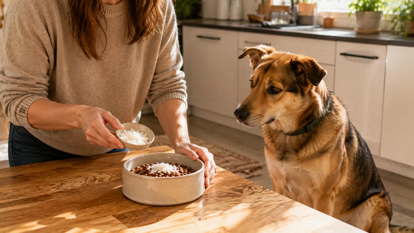 Hund neben Futternapf mit Kokosflocken in einer hellen Küche