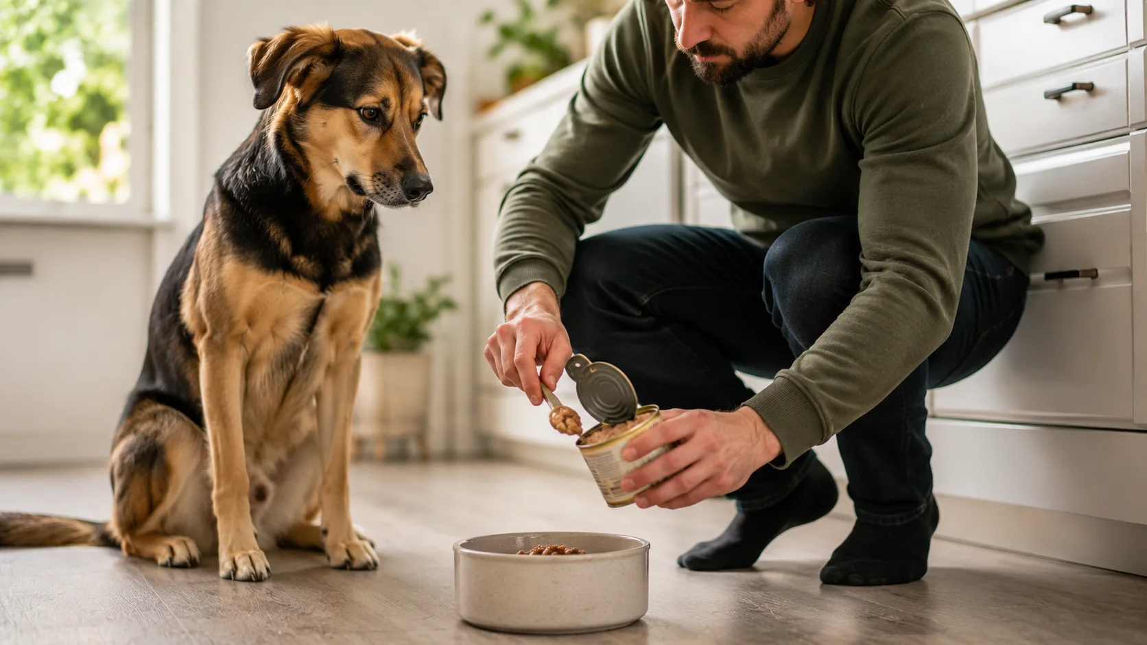 Hund neben Napf in der Küche, während Nassfutter sorgfältig portioniert wird.