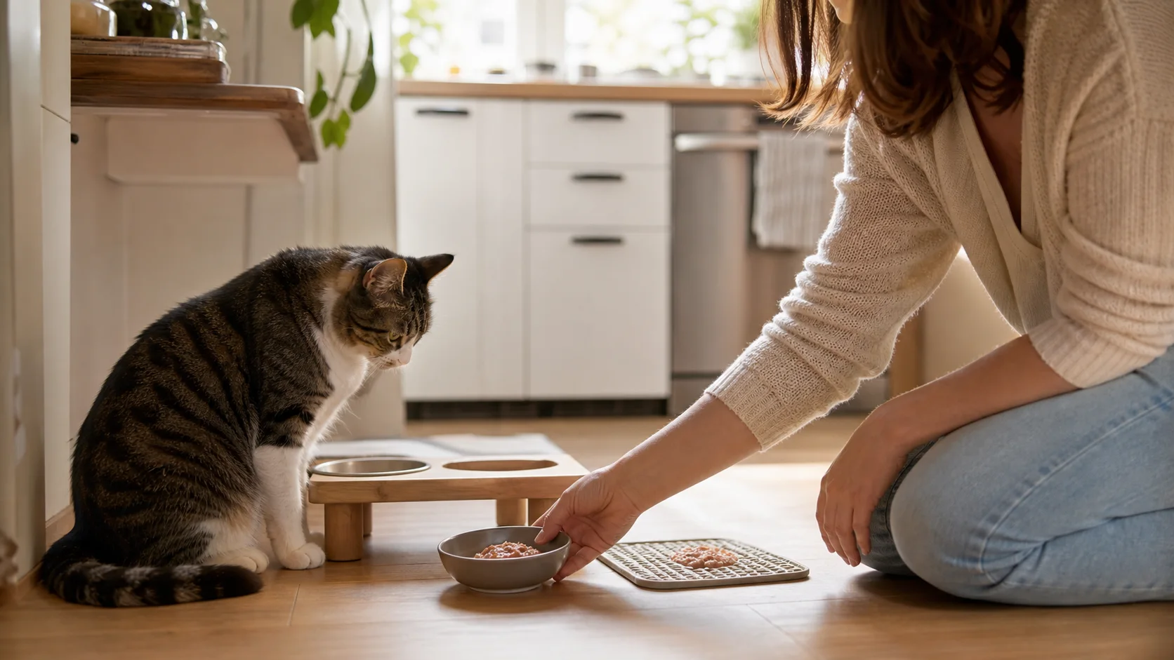 Katze am Futterplatz mit Nassfutter, natürliche Alltagsszene in der Küche.