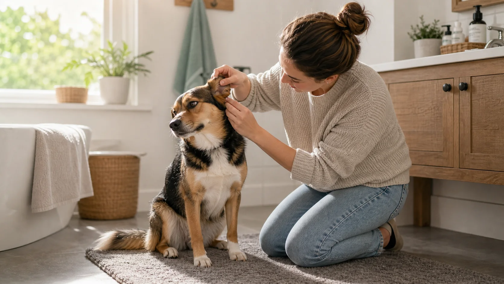 Hund mit leicht geneigtem Kopf bei einer sanften Ohrkontrolle im Alltag