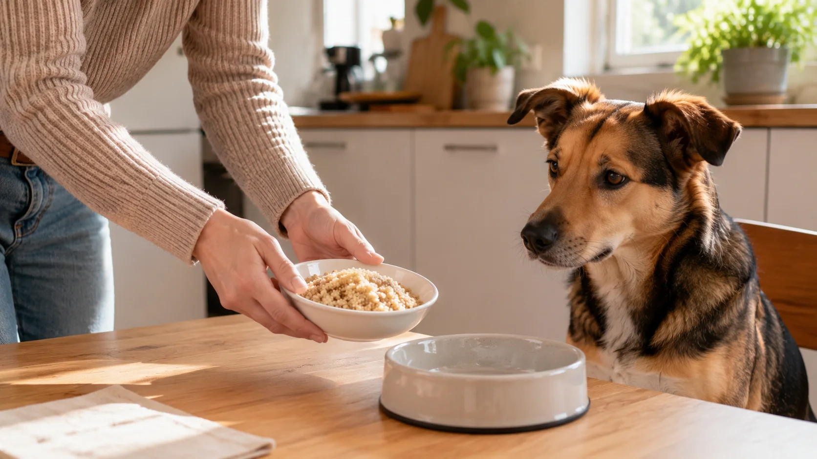 Hund neben einem Napf mit gekochtem Quinoa in einer hellen Küche.