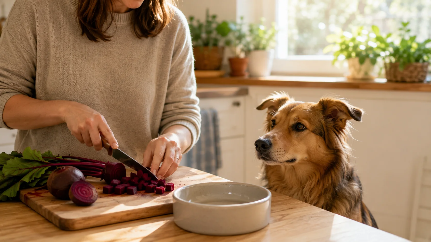 Hund neben einer Küche, in der gekochte rote Beete als kleine Futterstücke vorbereitet wird.