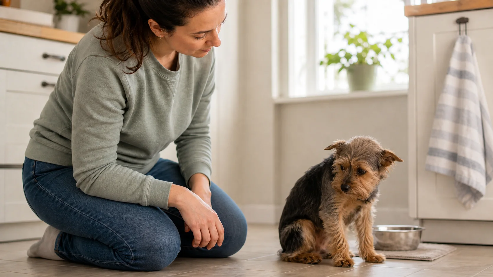 Hund zeigt Stresssignale in einer Alltagssituation, während eine Frau ruhig Abstand hält und die Körpersprache beobachtet.