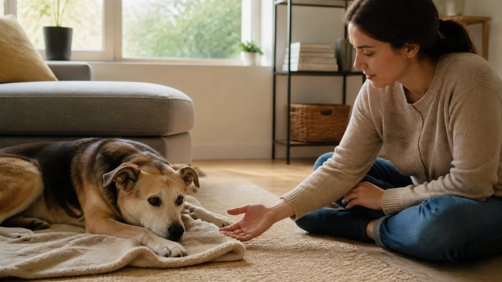 Hund liegt angespannt auf einer Decke im Wohnzimmer, während die Halterin ruhig Abstand gibt.