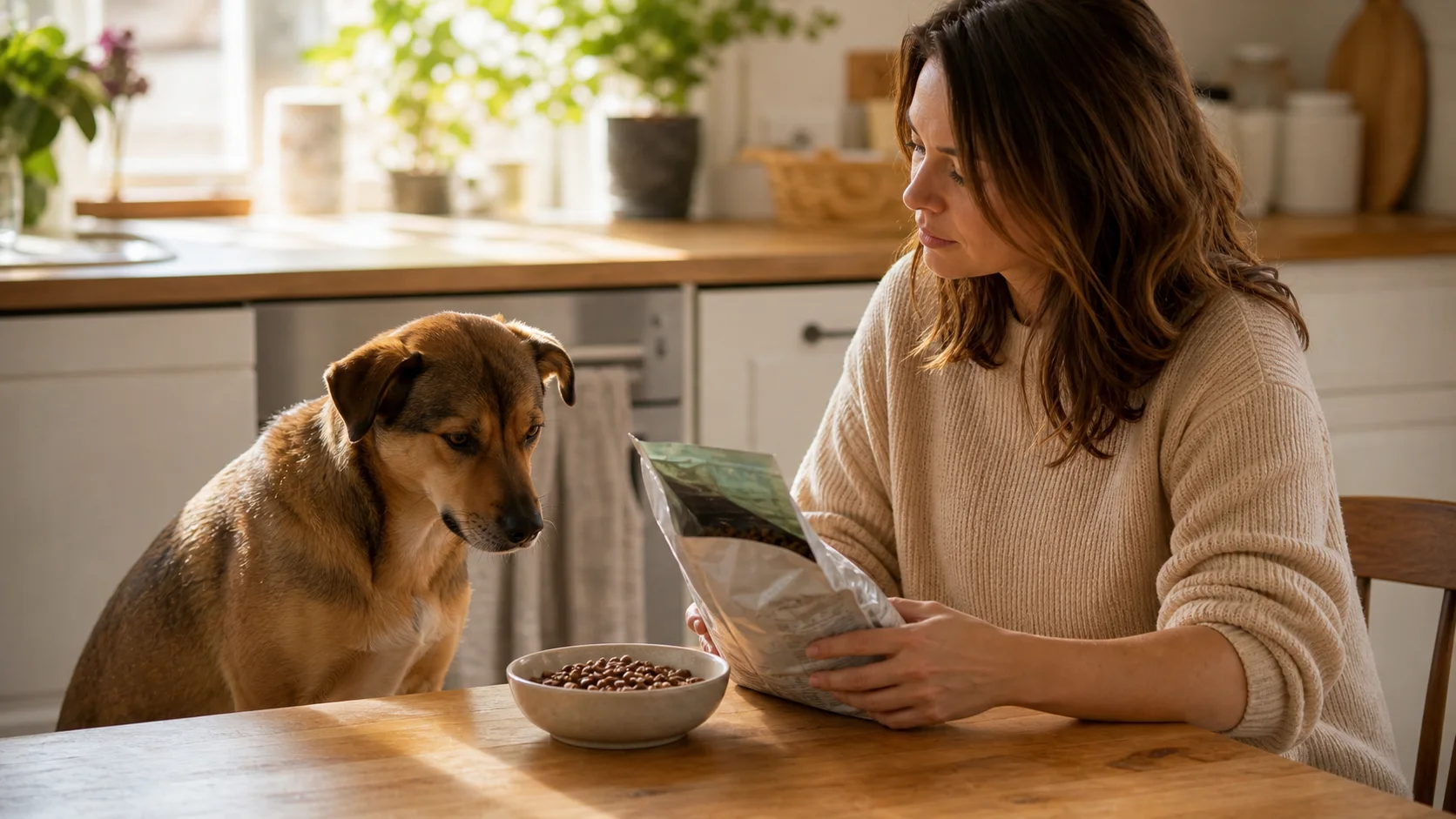 Hund neben Napf mit Trockenfutter in einer hellen Küche, während eine Person das Futter prüft.