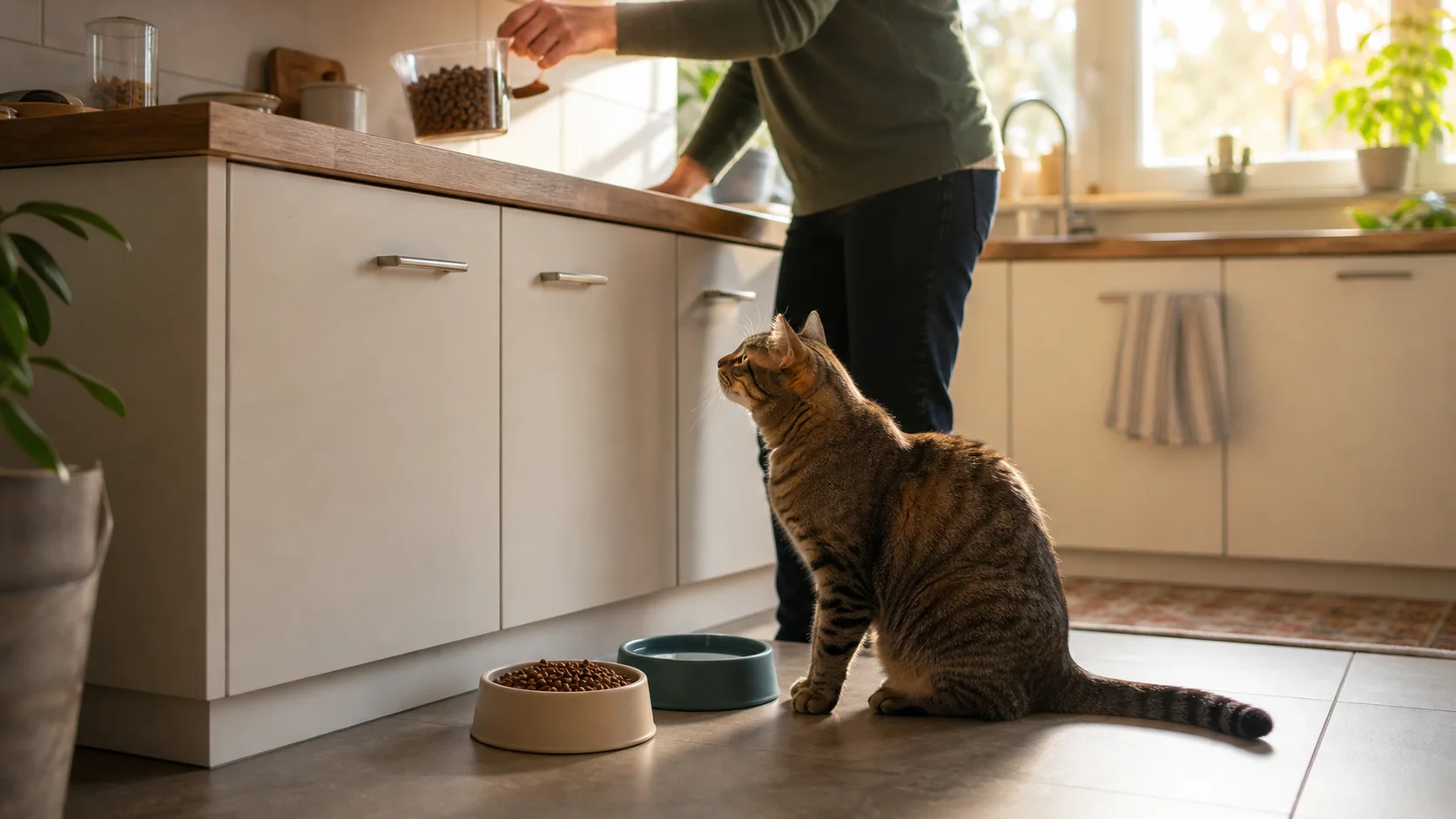 Katze in der Küche neben abgewogenem Trockenfutter und Wasserschale