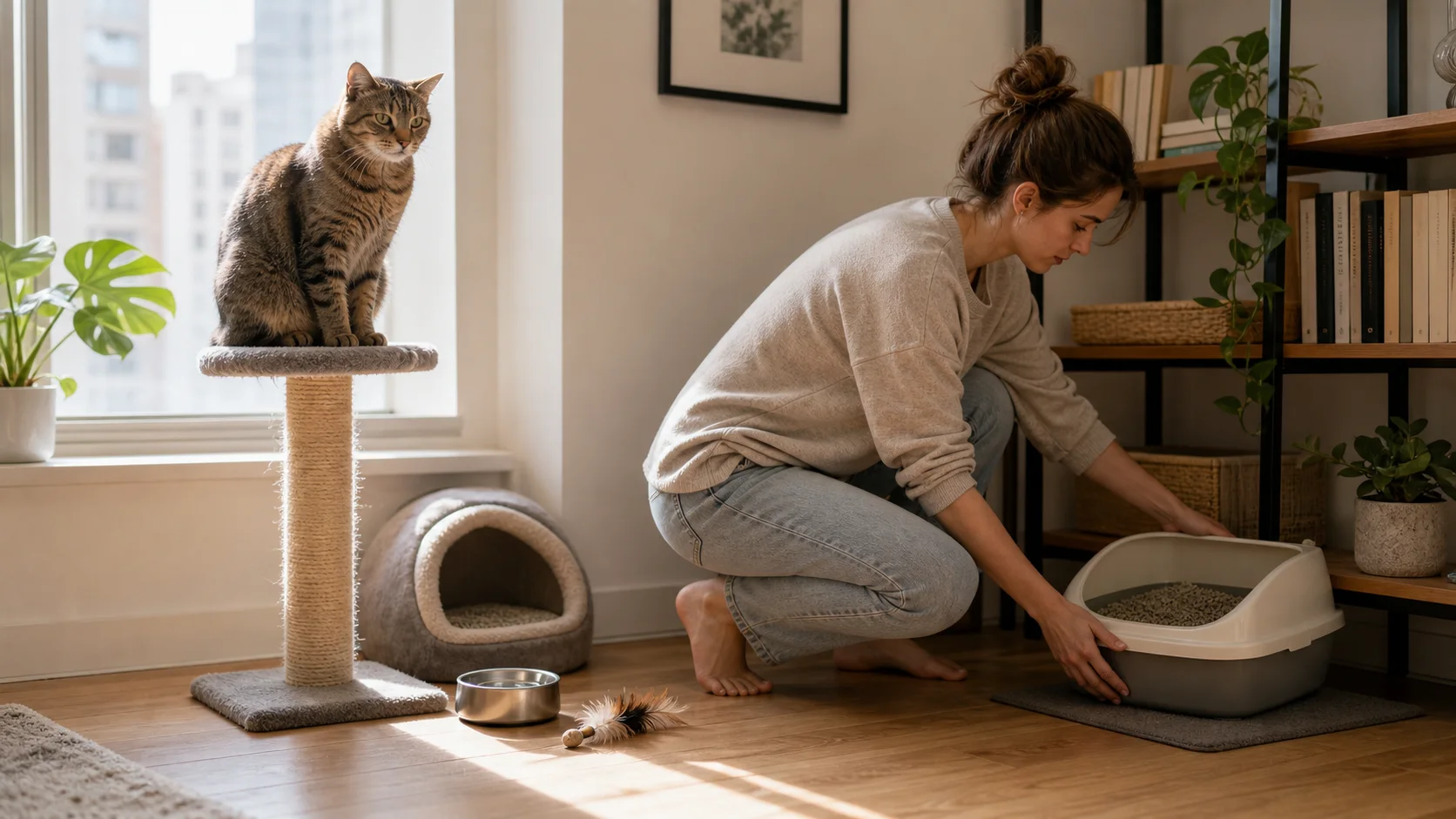 Katze in einer Wohnung mit Katzentoilette, Kratzbaum und ruhigem Rückzugsplatz