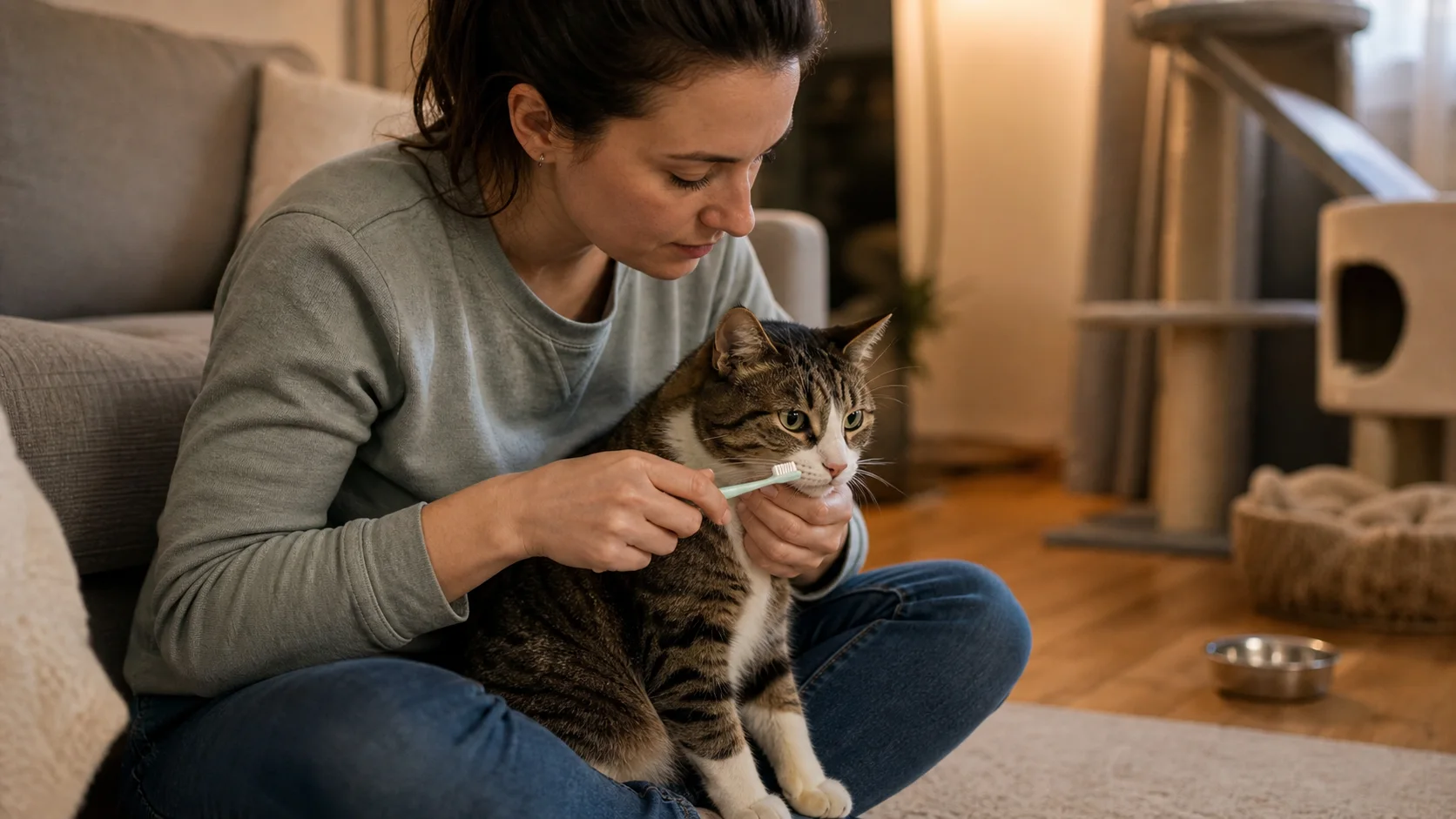 Katzenhalterin übt ruhige Zahnpflege mit einer Katze im Wohnzimmer bei natürlichem Licht.