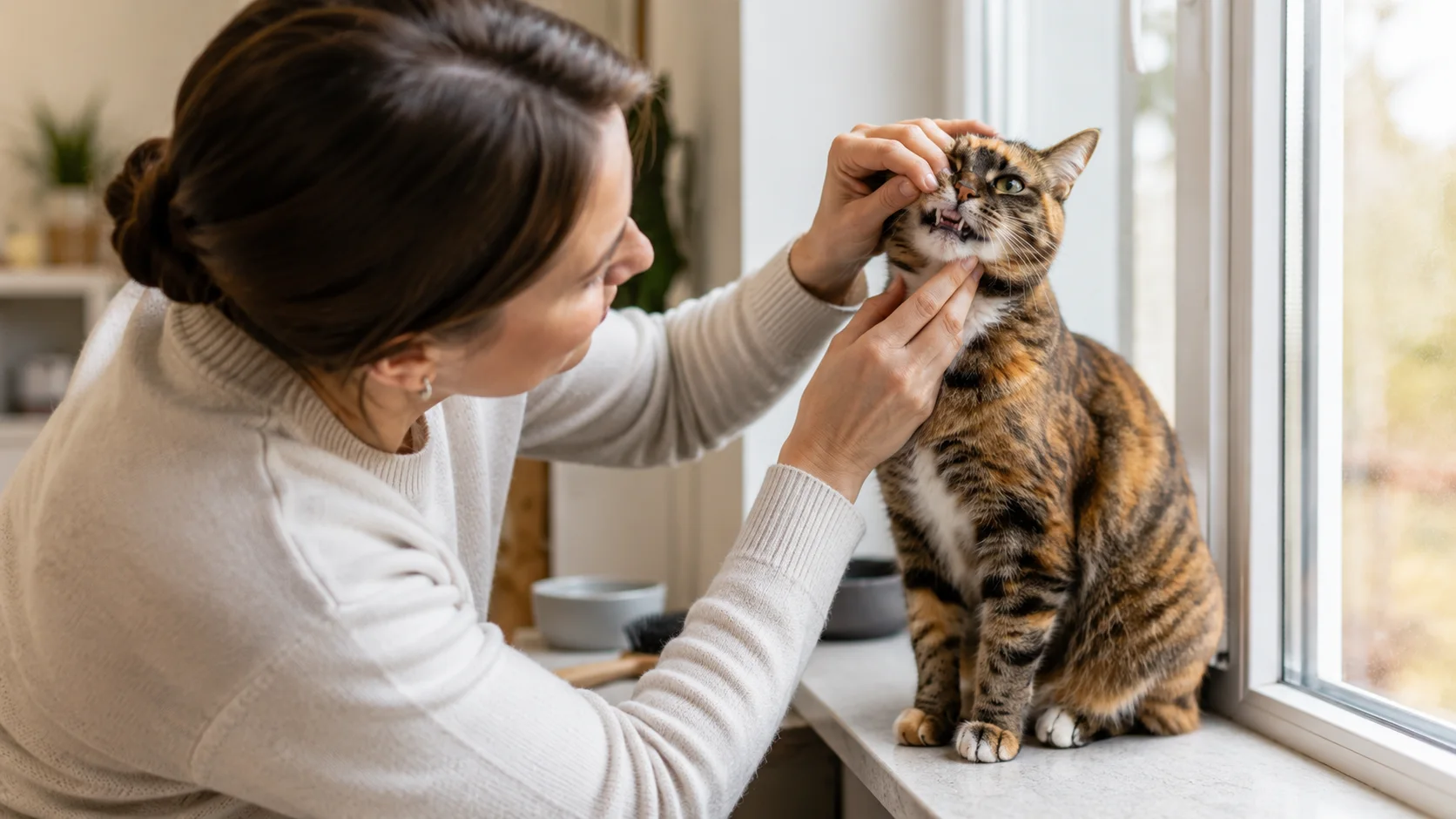 Katze wird zuhause im Tageslicht vorsichtig am Maul untersucht, während die Halterin Zahnveränderungen beobachtet.