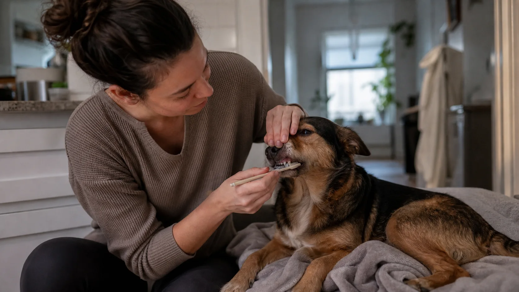 Hundehalterin putzt einem Hund zu Hause vorsichtig die Zähne