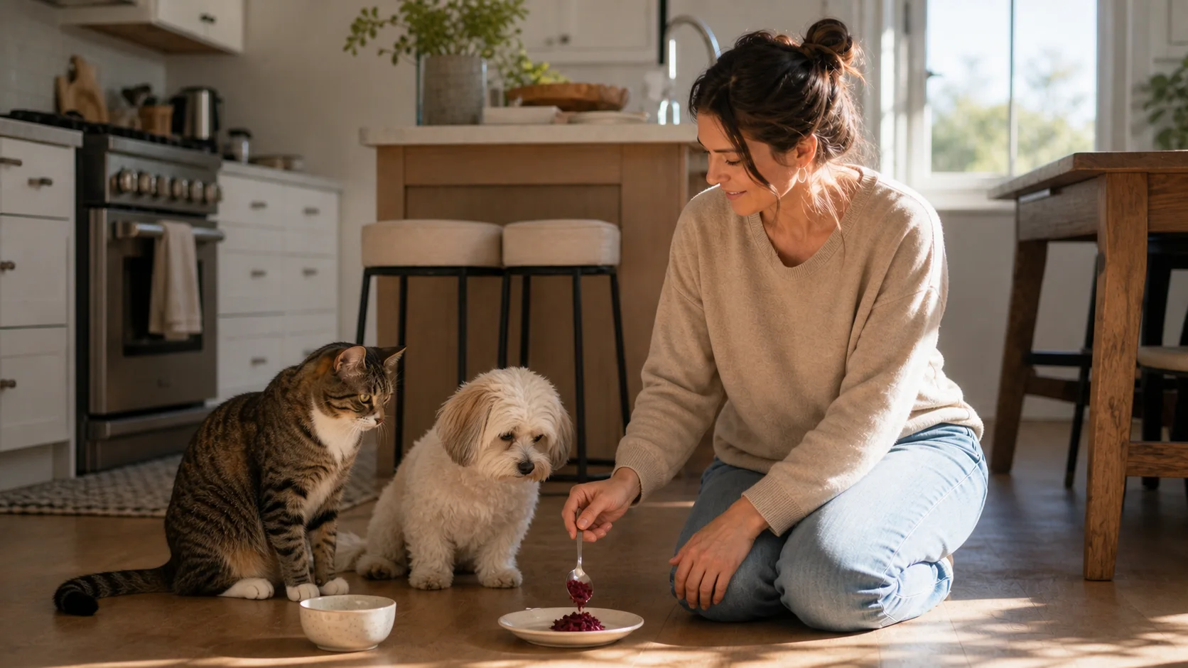 Getigerte Katze neben einer Schale mit klein portionierter, gegarter Roter Beete in einer hellen Küche.